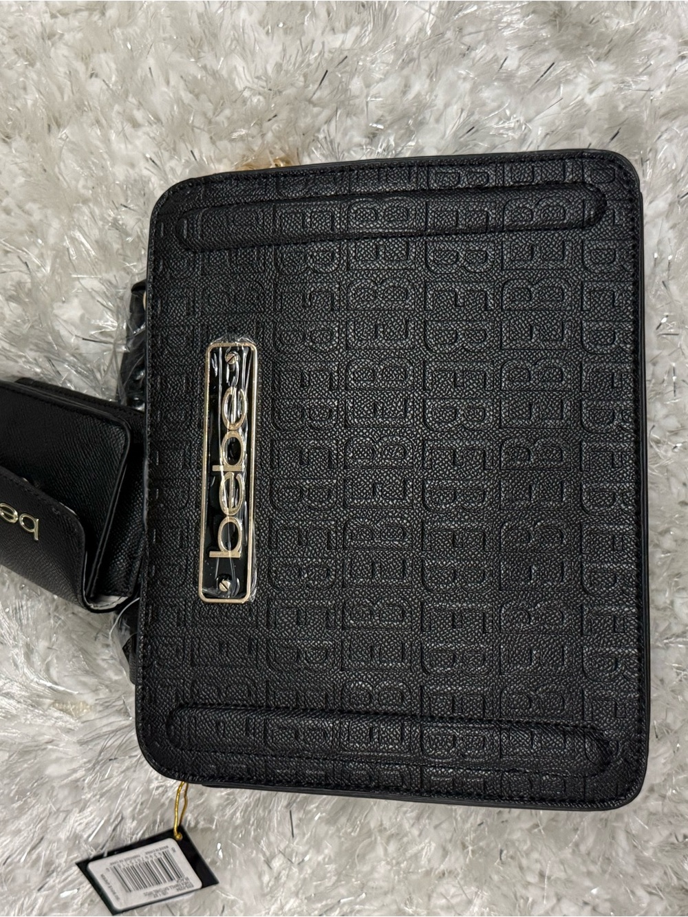 bebe Black Embossed Logo Shoulder Bag with Gold Plaque